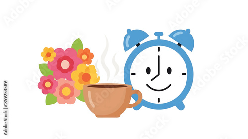 A cartoon image depicting morning with a coffee cup, flowers, and a smiling clock, evoking relaxation, time, and freshness