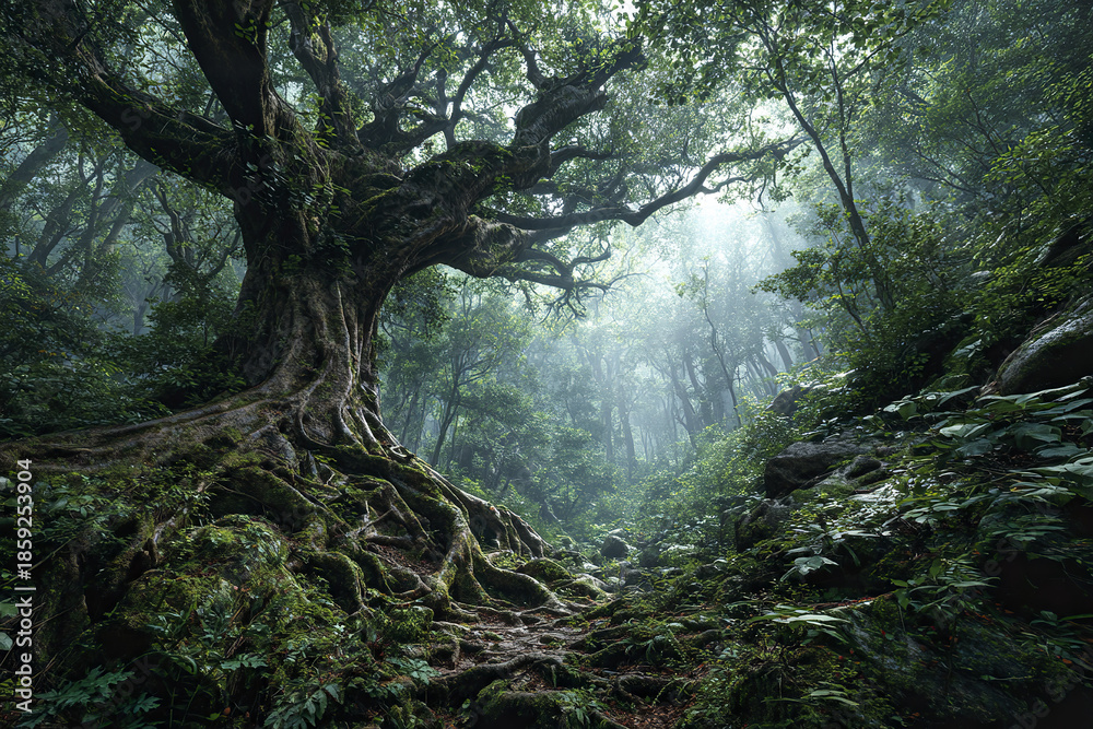 Fototapeta premium Ancient tree with twisted roots in lush green forest surrounded by dense foliage and misty atmosphere creating mysterious and enchanting natural scene