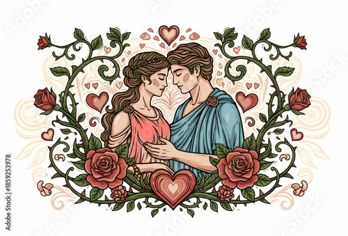 Romantic valentine couple illustration, vintage handrawn and engraving colorful style
