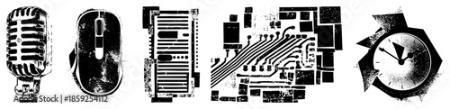 retro microphone computer mouse keyboard circuit board clock