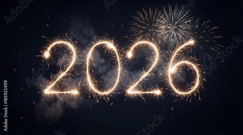 2026 Sparkler Numbers with Fireworks on Dark Night Background