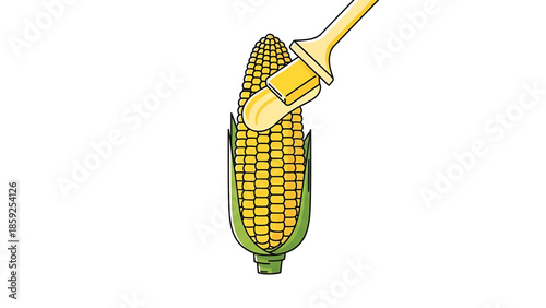 A cartoon-style illustration of an ear of corn being buttered. The butter knife glides across the kernels, adding creamy deliciousness