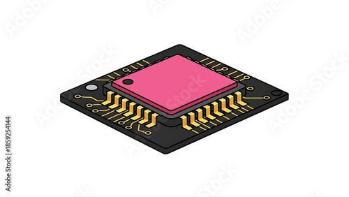 A cartoon-style illustration of an electronic circuit component. It features a pink chip set on a black base. Gold colored connectors are clearly visible