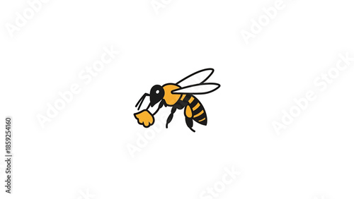 A cartoon-style illustration of an insect in flight. It has black and yellow stripes, large black eyes, and delicate wings. A simple design