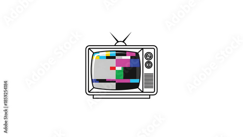 A cartoon-style illustration of an old television set with a test pattern on the screen, antenna, knobs and grill