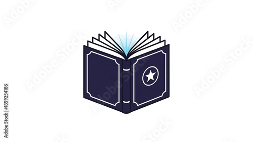 A cartoon-style illustration of an open book with a dark cover and white pages. Light emanates from the pages