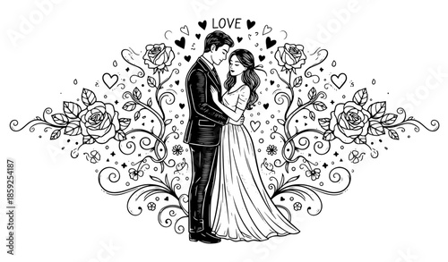 Romantic valentine couple illustration, vintage handrawn and engraving colorful style
