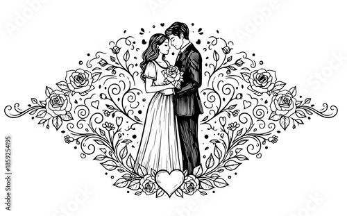 Romantic valentine couple illustration, vintage handrawn and engraving colorful style
