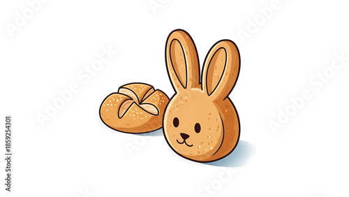 A cartoon-style illustration of two baked goods on a white background. One is a bread roll and the other is a bunny-shaped bread roll