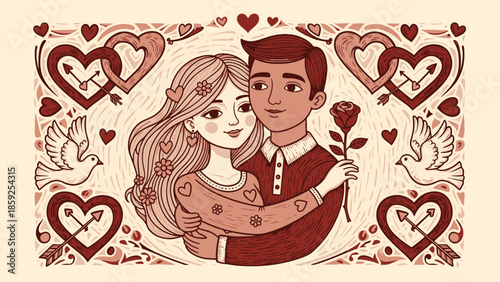 Cute handrawn couple in love embracing, engraving illustration 