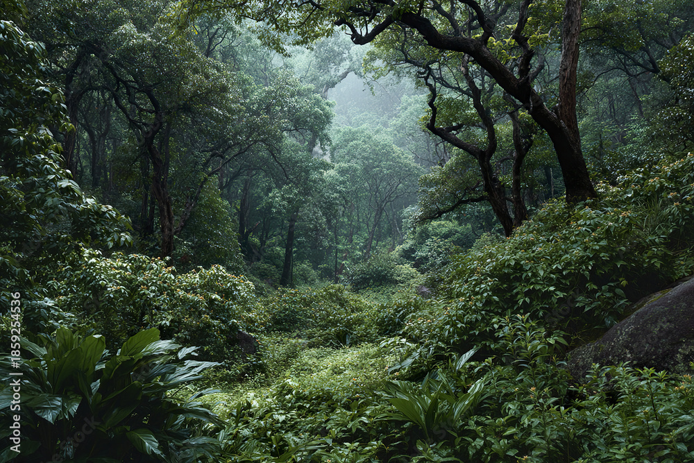 Obraz premium Lush tropical forest with dense undergrowth and vibrant green foliage creating serene and peaceful atmosphere in misty natural environment