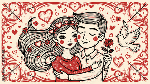 Cute handrawn couple in love embracing, engraving illustration 