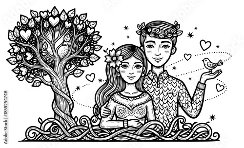 Cute handrawn couple in love embracing, engraving illustration 