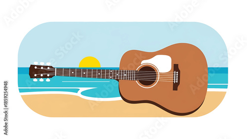 A cartoon illustration depicts a guitar on a beach with the sun in the sky and the ocean in the background. The art style is flat