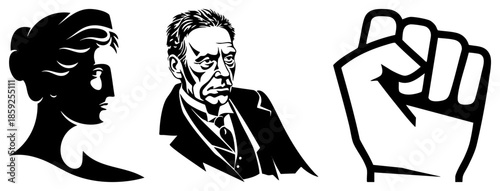 Three symbolic figures woman profile, man portrait, raised fist