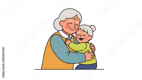 A cartoon illustration depicts a grandmother warmly embracing a child, their faces displaying smiles. The artwork has a textured aesthetic