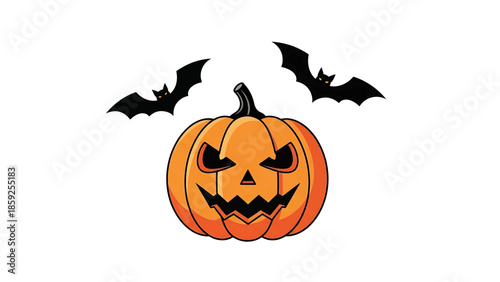 A cartoon image featuring an orange pumpkin carved with a scary face, accompanied by two bats in flight on a white background