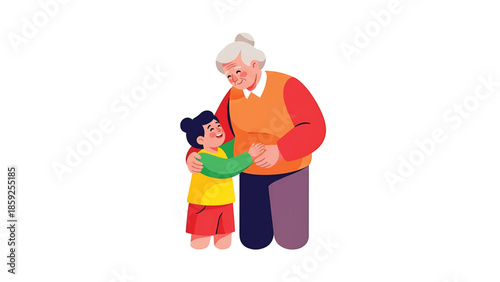 A cartoon illustration depicts a grandmother embracing a young child. The figures are smiling. They are wearing colorful clothes. The background is white