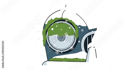 A cartoon image of a car headlight, stylized with snow and greenery, creating a wintry scene with falling snowflakes