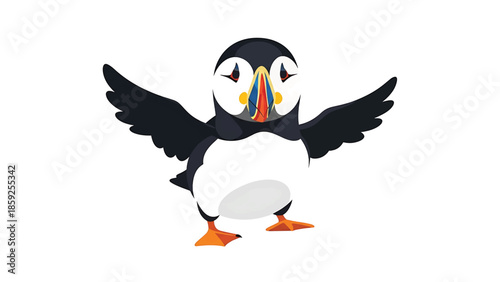 A cartoon image of a colorful bird with black wings spread wide, standing on white background, featuring a bright beak