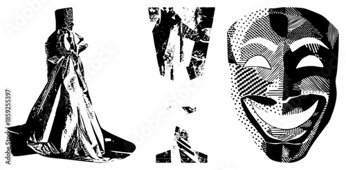 Three stylized figures in graphic art style