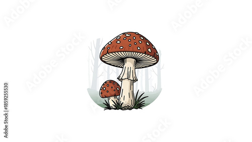 A cartoon illustration of two mushrooms with red caps and white spots, in front of a hazy forest background. The scene is within a green circle