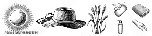 sun hat glasses wheat soap towel hand