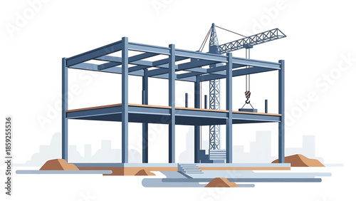 A cartoon illustration depicts a building under construction. Steel beams form the frame, a crane hoists a block. Some soil features