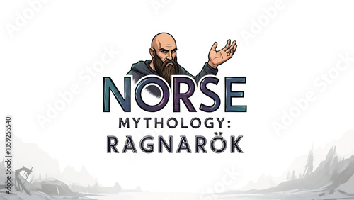 A cartoon image showcasing a Norse man with a beard, the  in bold letters is below the illustration and a scenic background