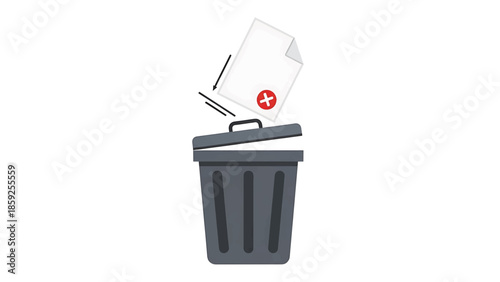 A cartoon image showing a document with an "X" symbol being tossed into a trash can. Illustrates the concept of rejection or disposal