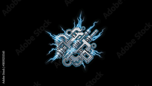 A cartoon image showing a complex network of gears and other machinery highlighted by bursts of electric lighting against a black backdrop