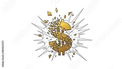 A cartoon image showing a dollar sign breaking apart with shards emanating from it. The sign is gold on a white background