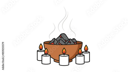 A cartoon illustration depicts a bowl containing glowing embers emitting smoke, surrounded by lit candles. It's a simplistic, symbolic image