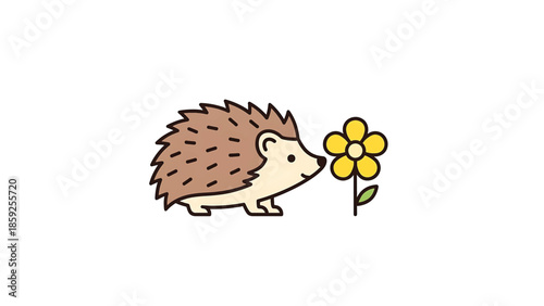 A cartoon hedgehog sniffs a flower. The flower has yellow petals and a green stem. It's a simple, brightly colored image