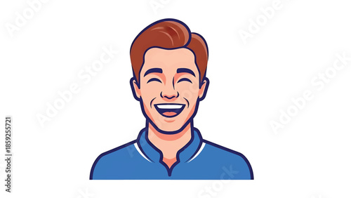 A cartoon illustration of a smiling person with brown hair, blue shirt, and open mouth, on a white background. This image is likely for profile/avatar