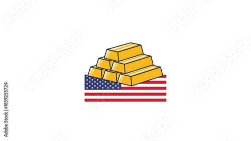A cartoon image showing a stack of gold bars atop a representation of the American flag. Gold is a central focus