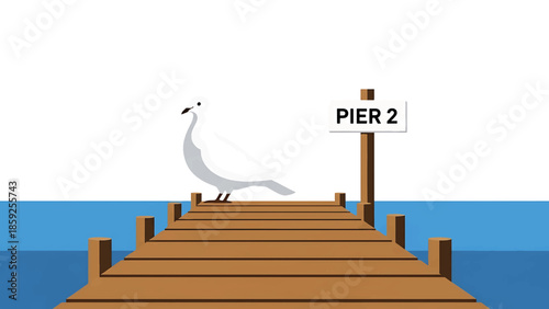 A cartoon image showing a white dove perched on a wooden pier with a "PIER 2" sign, sea in the background and white sky