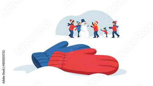 A cartoon image showing a winter scene with children building a snowman and a pair of colorful mittens in the snow