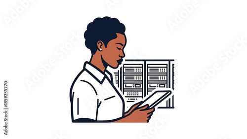 A cartoon-style illustration depicts a person with dark hair and skin, looking at a tablet in front of a server rack