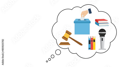 A cartoon thought bubble containing voting and legal symbols ballot box, gavel, books, and a microphone, indicating a concept