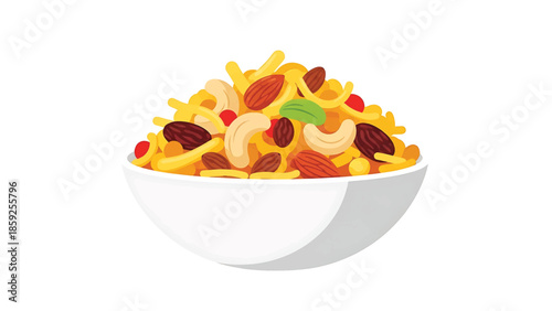 A cartoon-style illustration depicts a white bowl filled to the brim with a colorful mixture of food items, including nuts, raisins, and other ingredients