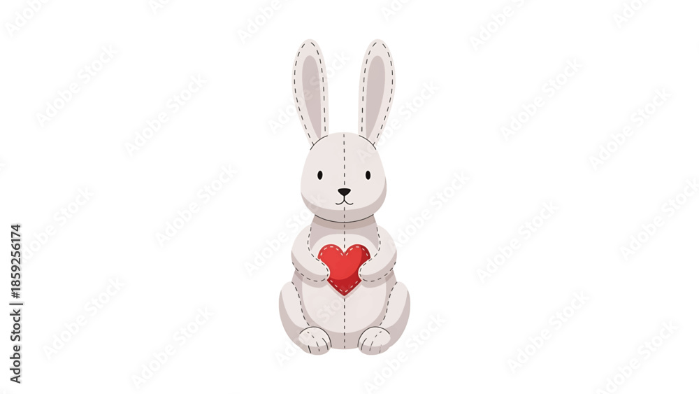 Fototapeta premium A cartoon-style illustration features a stuffed rabbit holding a red heart. It's a sweet, minimalist image on a white background