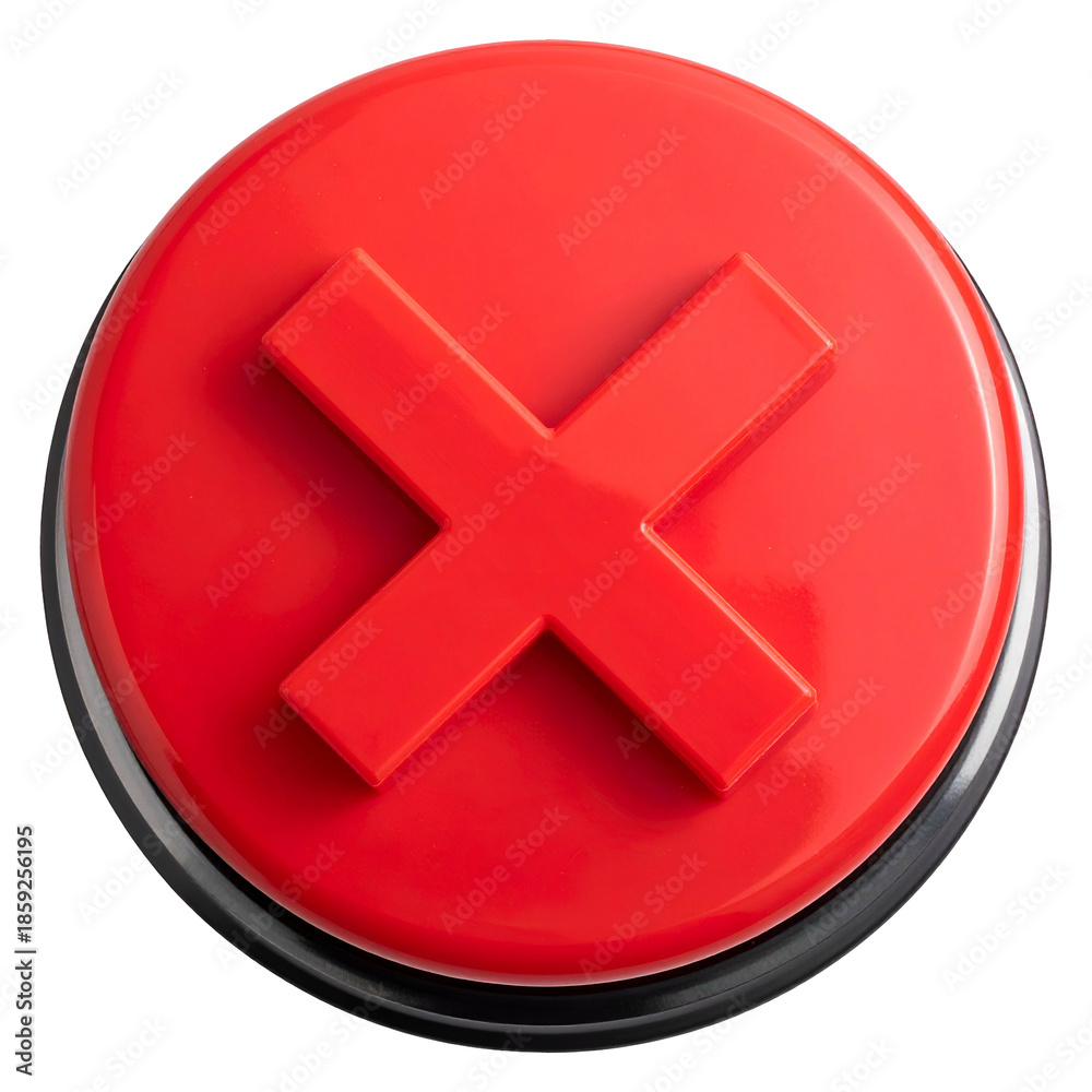 Fototapeta premium Shiny red button with a raised 'X' symbol set against a dark background