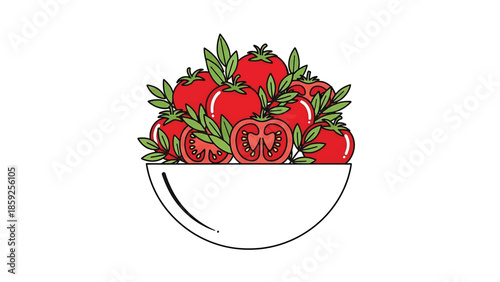 A cartoon illustration shows a bowl filled with ripe red tomatoes and green leaves. Some tomatoes are whole and sliced