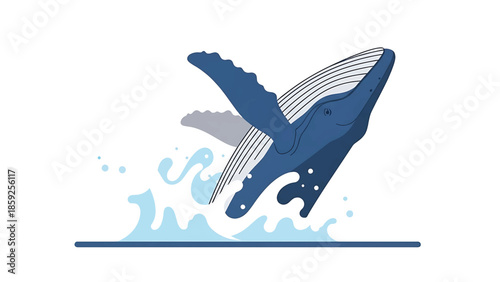 A cartoon whale breaches from the ocean's surface, creating splashes. The illustration uses blue hues, clean lines, and a textured effect for depth