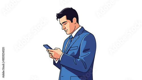 A cartoon man in a blue suit looks down at his phone. The illustration is flat with simple coloring and a white background. It has a modern feel