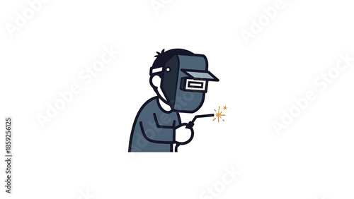 A cartoon welder in blue-grey gear, with mask and welding tool, sparks flying, standing on white background, simple lines