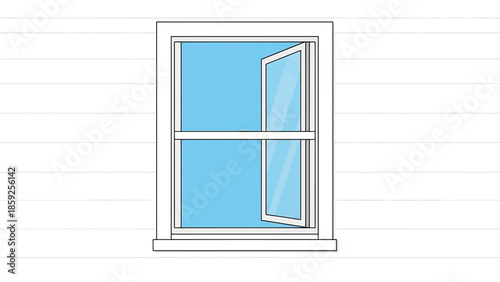 A cartoon window illustration shows an open pane revealing blue sky against a white clapboard wall. A section is opened to the outside