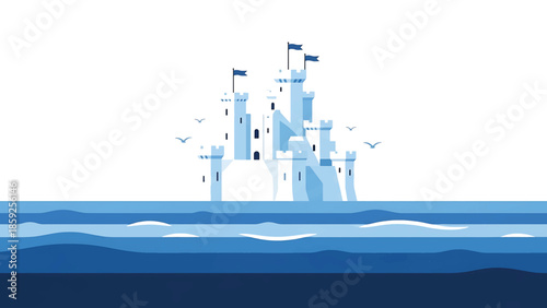 A cartoon illustration shows a castle on an island, set in a blue ocean. Birds fly above, as the sky is a blank canvas. The aesthetic is flat, and stylized