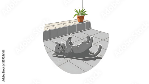 A cartoon illustration shows a gray cat lying on its back with paws raised, under a plant in a pot, inside a circle. The scene is simple and cute